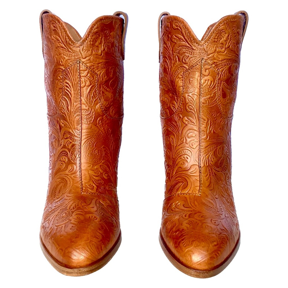 FRYE RARE Tooled Leather Ankle Bootie Boots Made in Italy Brown Women’s Size 10 - Picture 4 of 11